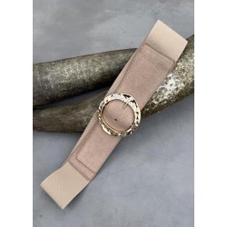  Elastic Belt w. Hammered Buckle- Beige