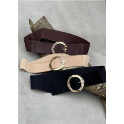  Elastic Belt w. Hammered Buckle- Beige