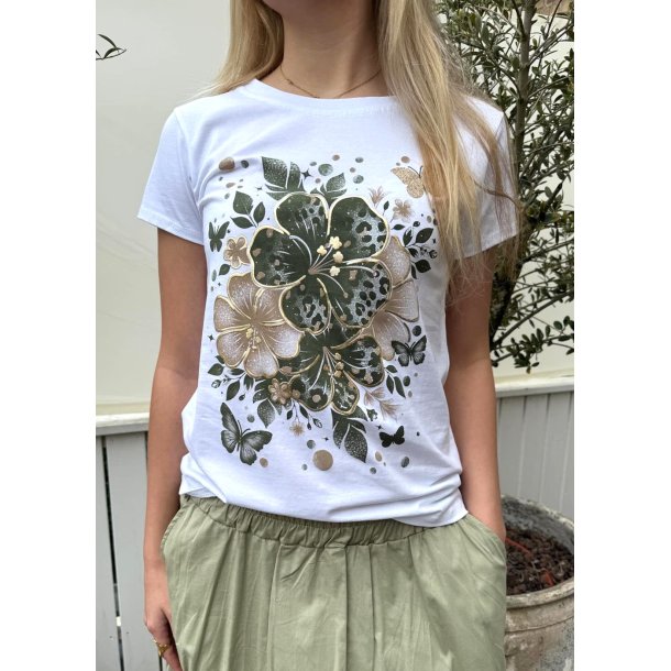 Green Flower Tee- White
