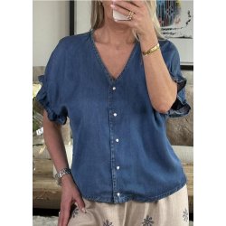 Frame V-neck Top- Medium blue denim