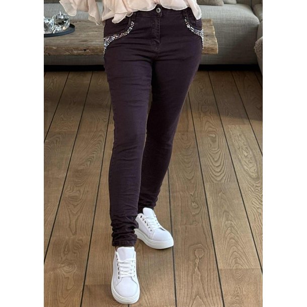 Jewelly Studded Pants 5087-  Bordeaux