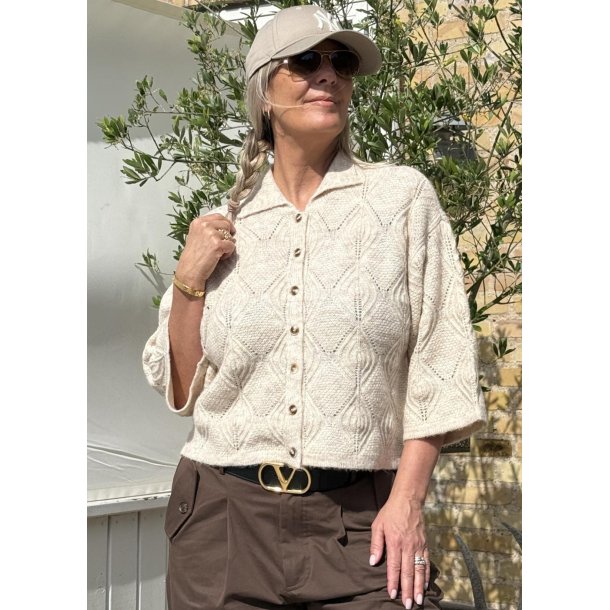 Kaisa Flora 3/4 Knit Cardigan- Birch/ Melange
