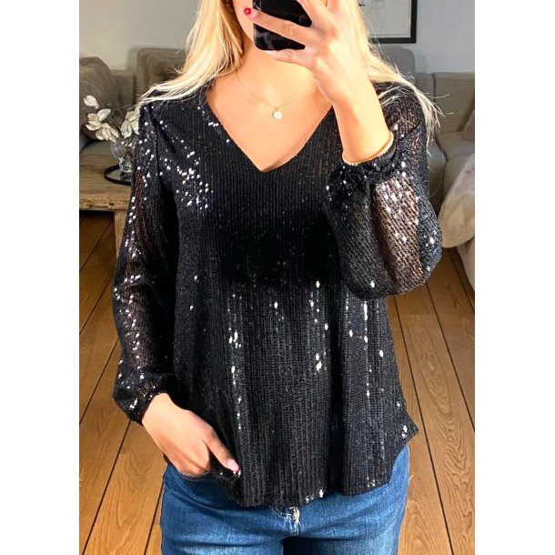 Sequin Shiny v-neck Blouse-Black